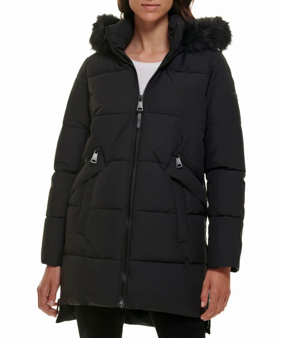 Clothing | * Cheapest Dkny Black Faux Fur-Trim Hooded Puffer Coat Women