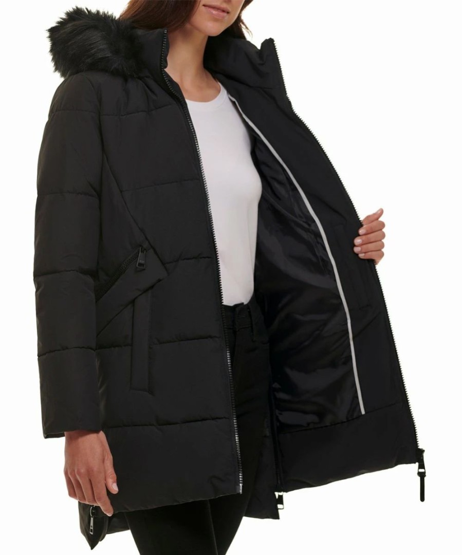 Clothing | * Cheapest Dkny Black Faux Fur-Trim Hooded Puffer Coat Women