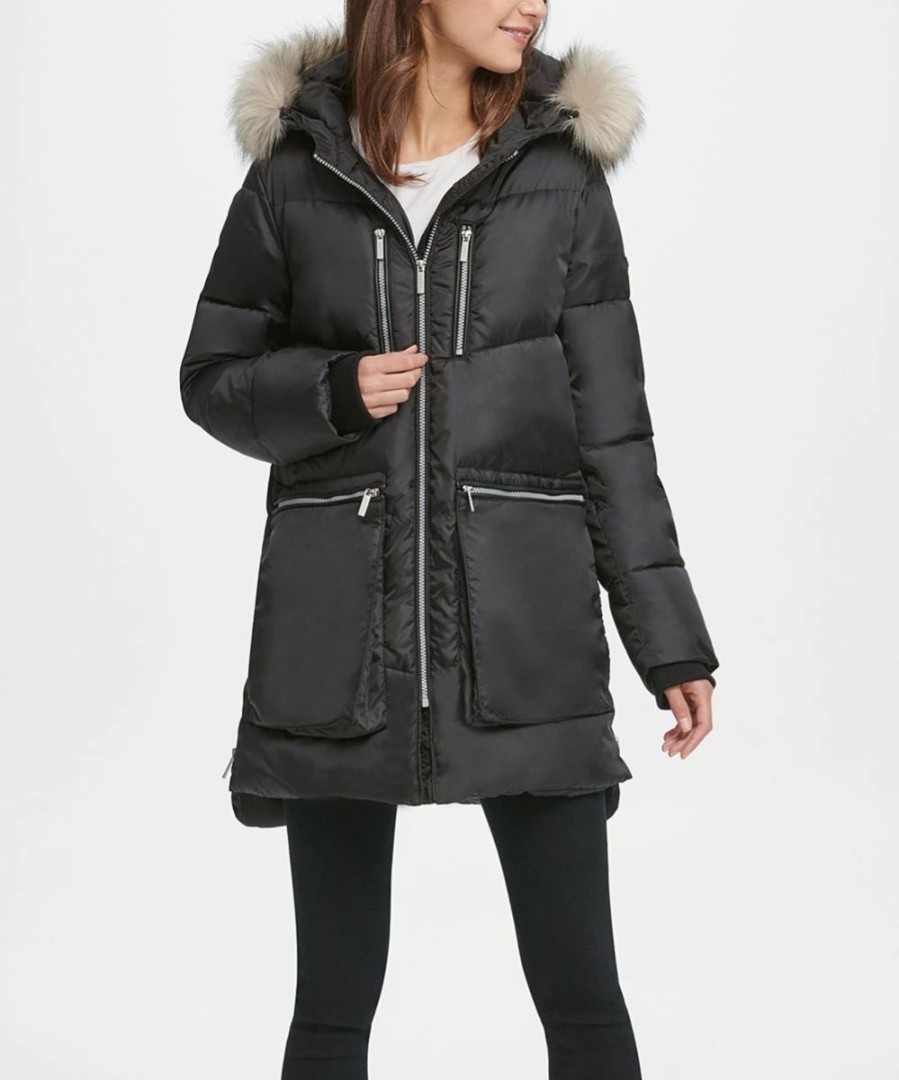 Clothing | * Flash Sale Dkny Black Quilted Oversize-Pocket Hooded Parka Petite For Women