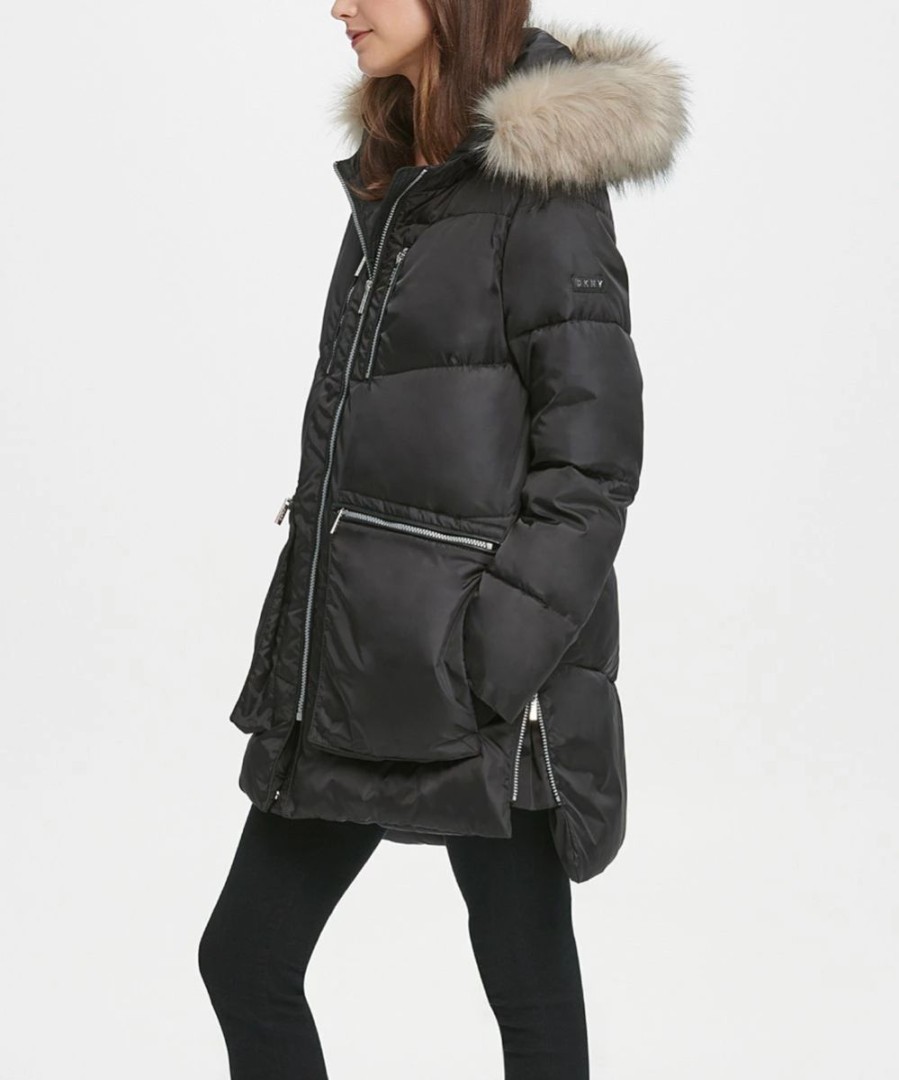 Clothing | * Flash Sale Dkny Black Quilted Oversize-Pocket Hooded Parka Petite For Women