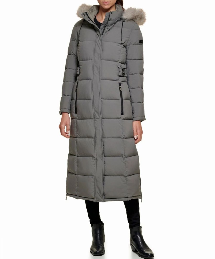 Clothing | * Deals Dkny Smoke Pearl Faux Fur-Hood Half-Belt Maxi Puffer Coat Women & Juniors