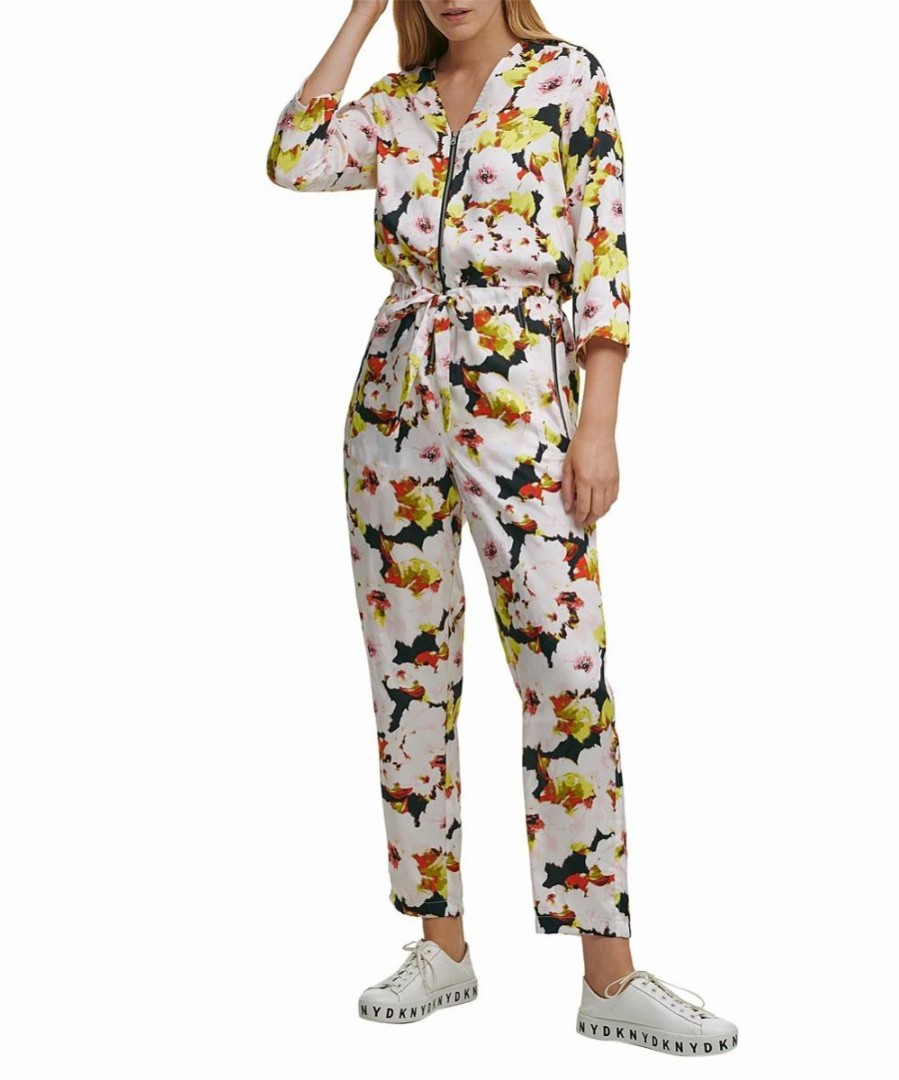 Clothing | * Wholesale Dkny Black Multicolor Floral Zip-Front Three-Quarter Sleeve Jumpsuit Women