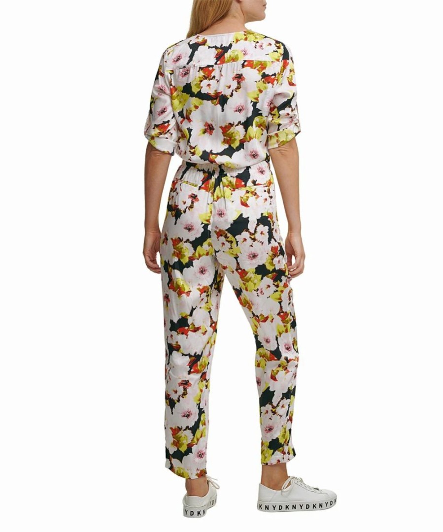 Clothing | * Wholesale Dkny Black Multicolor Floral Zip-Front Three-Quarter Sleeve Jumpsuit Women