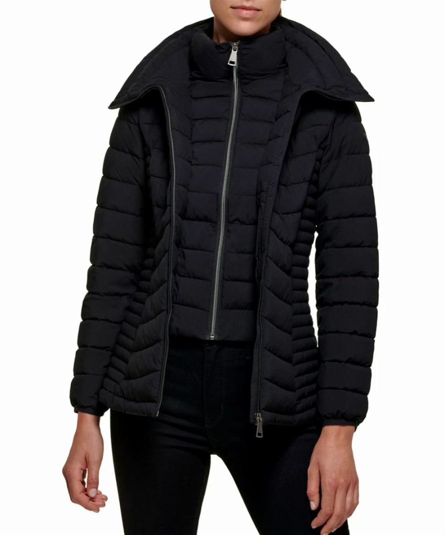 Clothing | * Hot Sale Dkny Black Hooded Double-Zip Packable Puffer Coat Women