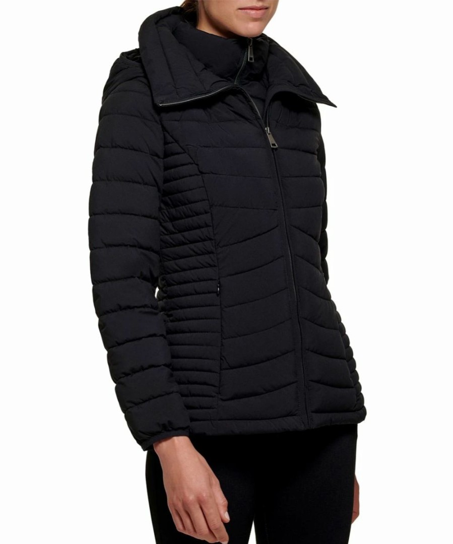 Clothing | * Hot Sale Dkny Black Hooded Double-Zip Packable Puffer Coat Women