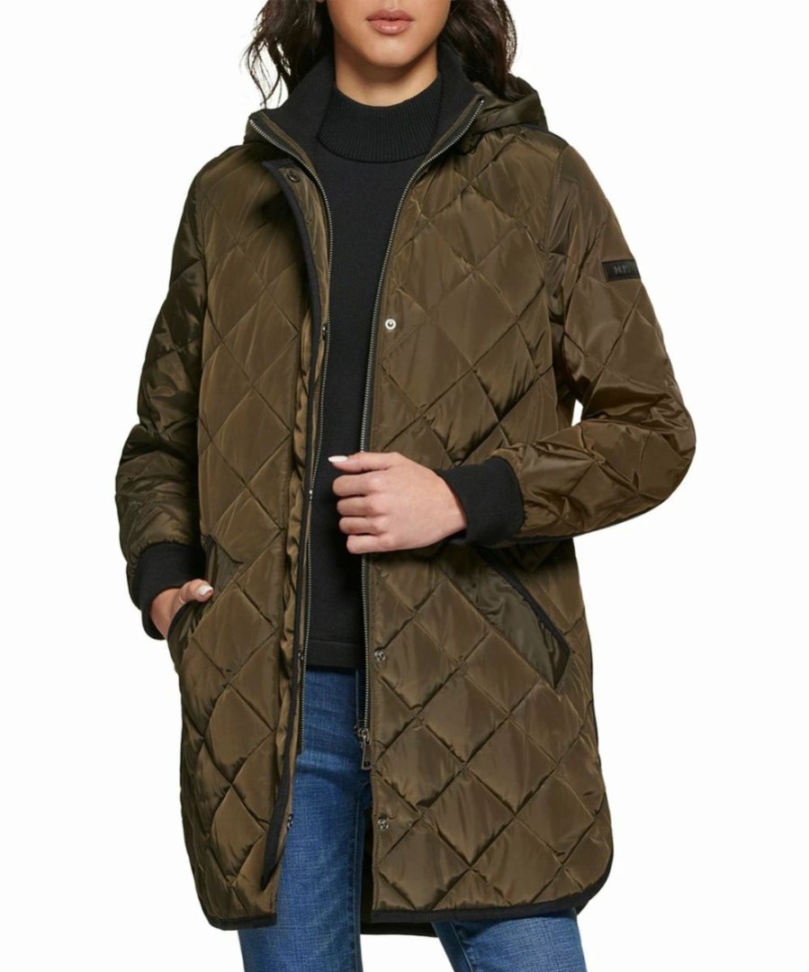 Clothing | * Buy Dkny Loden Green Quilted Zippered Curved-Hem Hooded Puffer Jacket Women