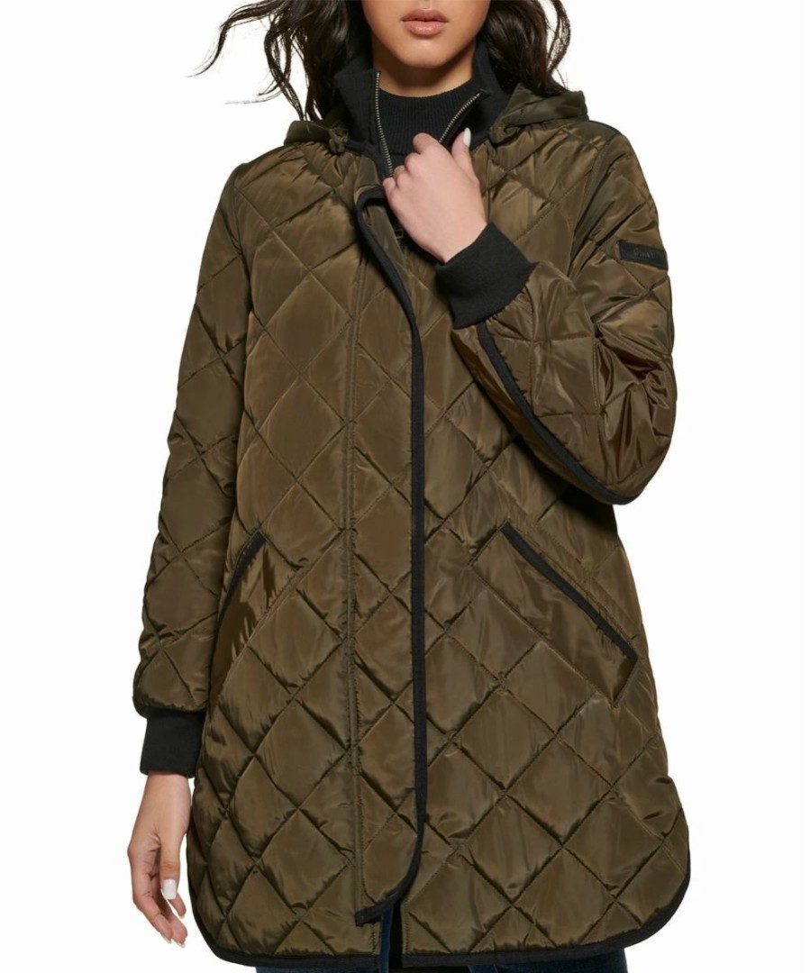 Clothing | * Buy Dkny Loden Green Quilted Zippered Curved-Hem Hooded Puffer Jacket Women