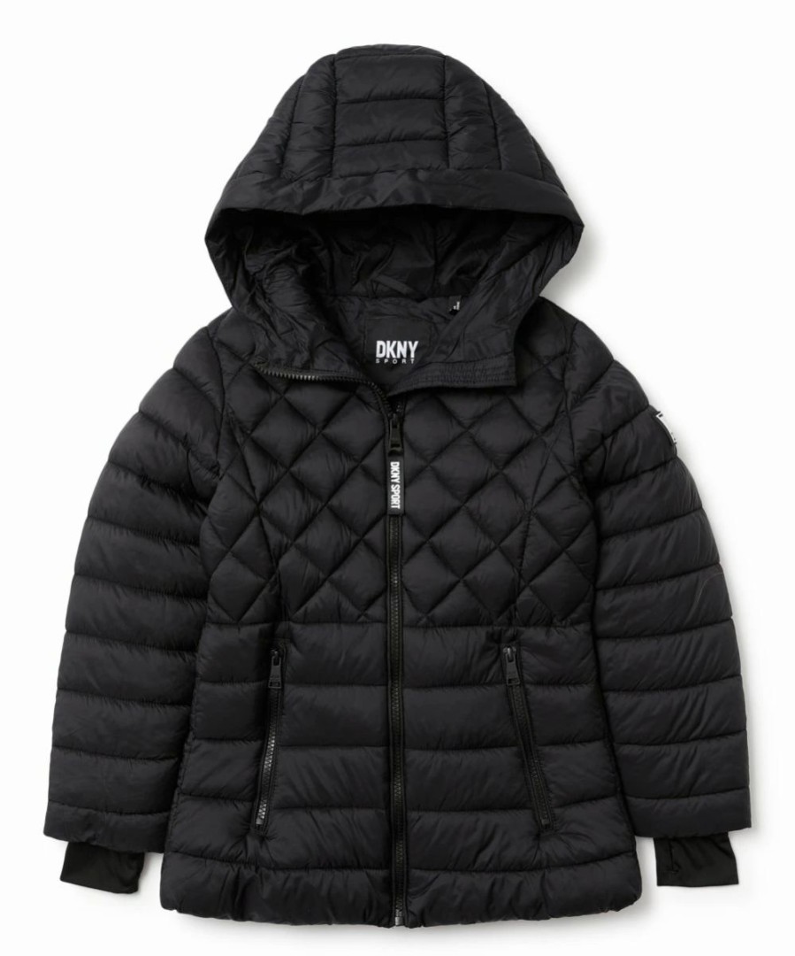 Clothing | * Flash Sale Dkny Black Diamond Quilted Hooded Jacket Girls For Kids