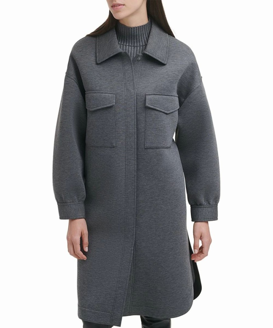 Clothing | * Deals Dkny Dark Heather Gray Collar-Accent Button-Up Longline Coat Women