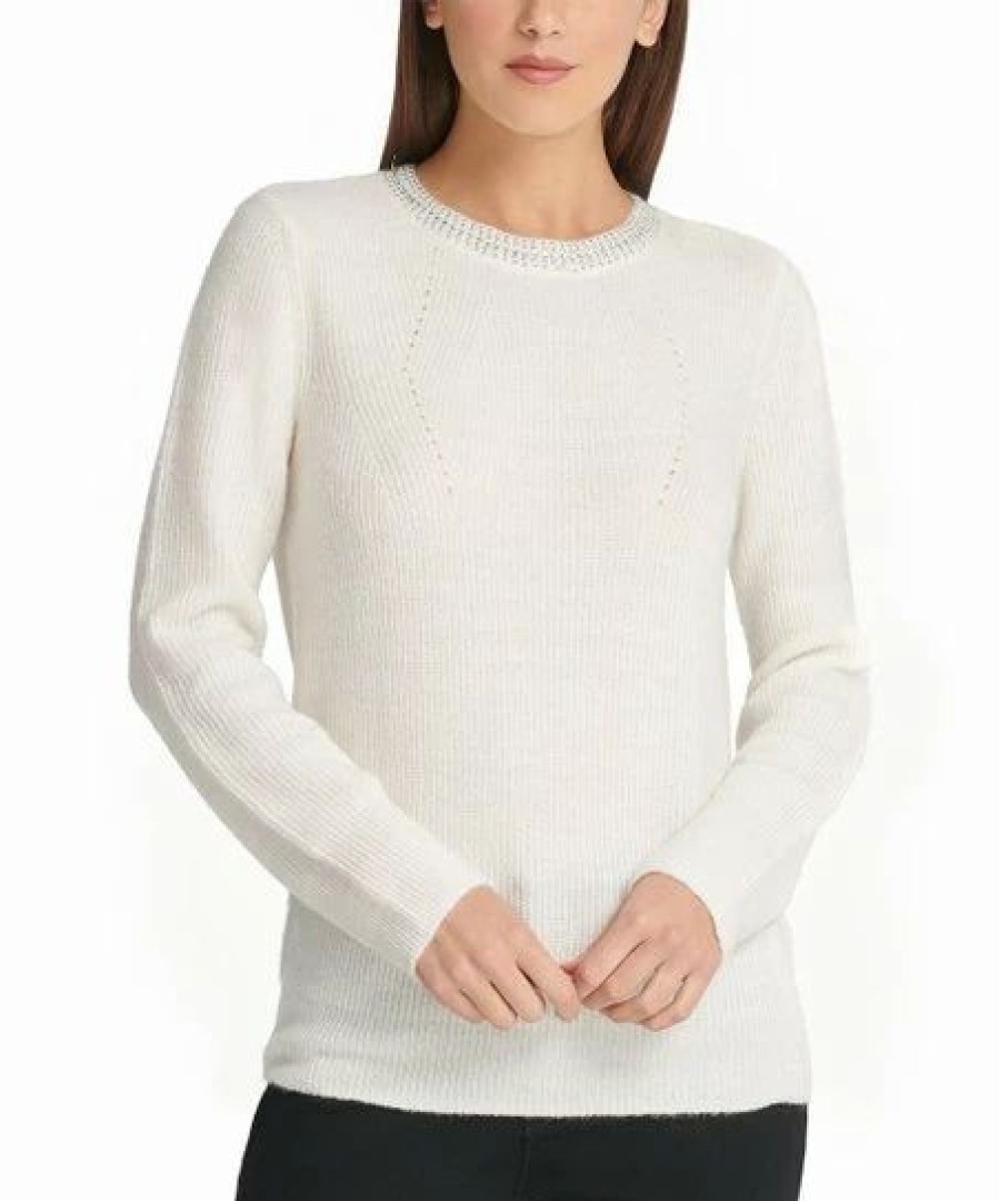 Clothing | * Promo Dkny White Sequin-Neck Sweater Women