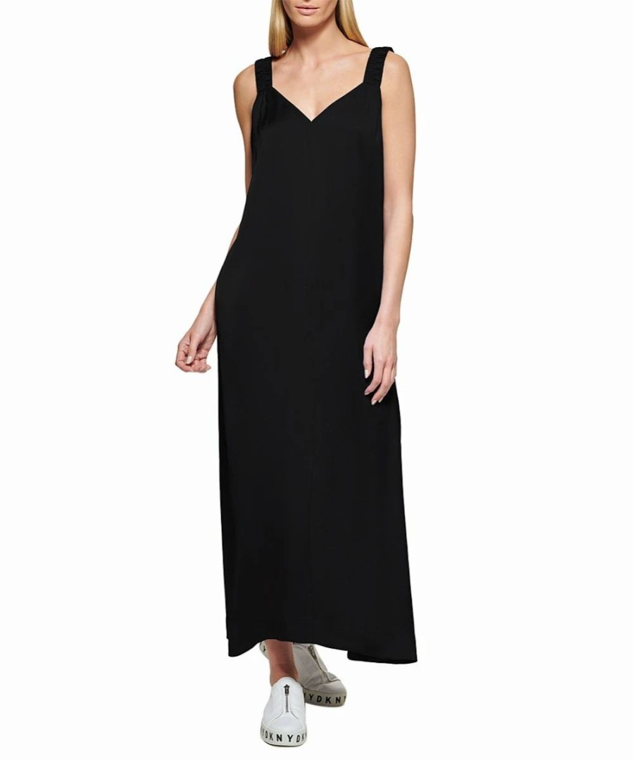 Clothing | * Wholesale Dkny Black Ruched-Strap V-Neck Maxi Dress Women