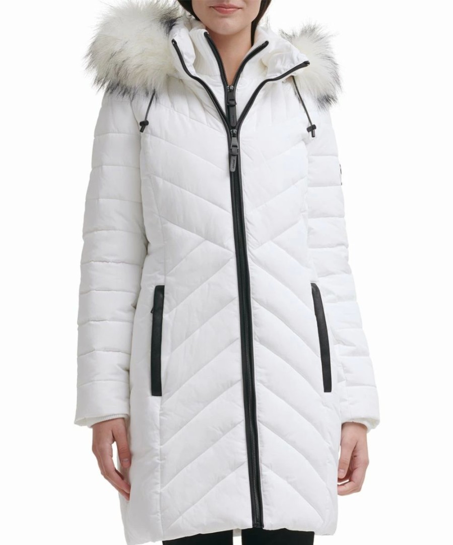 Clothing | * Best Reviews Of Dkny White Chevron Faux Fur-Trim Hooded Puffer Coat Women