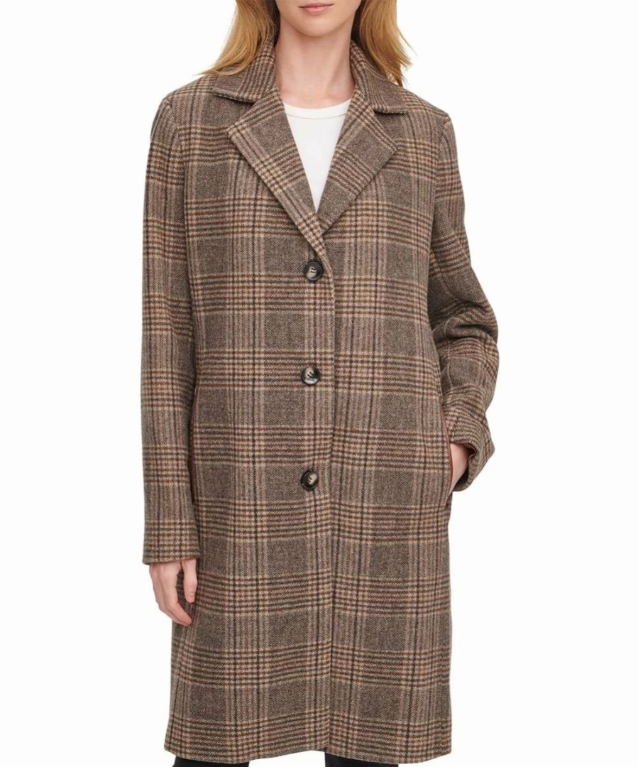 Clothing | * Best Pirce Dkny Brown Plaid Notch-Collar Wool-Blend Coat Petite For Women