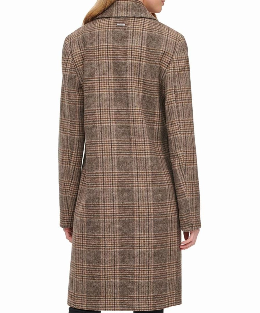 Clothing | * Best Pirce Dkny Brown Plaid Notch-Collar Wool-Blend Coat Petite For Women