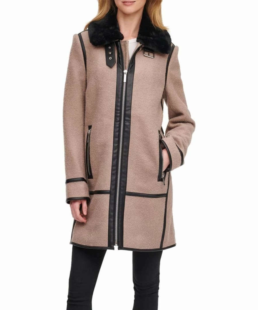 Clothing | * Best Deal Dkny Champagne Boucle Zip-Up Wool-Blend Faux Fur-Collar Coat Women