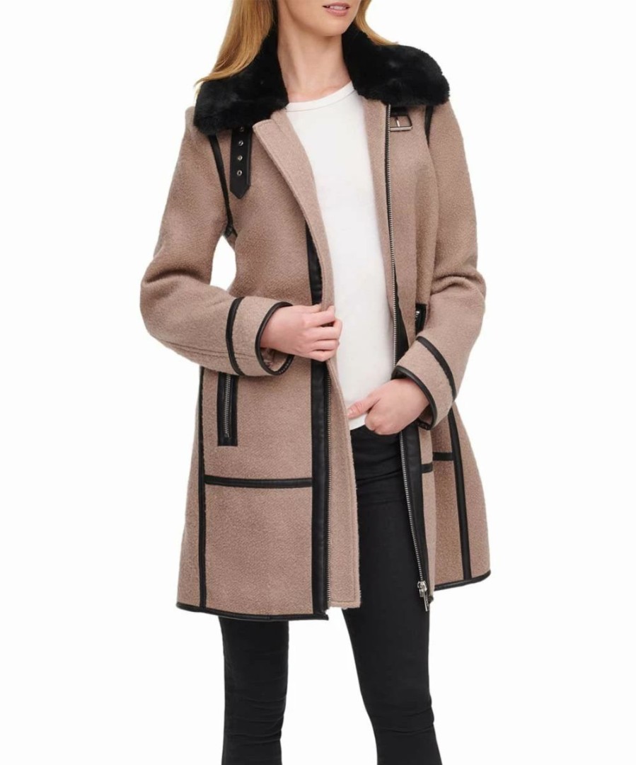 Clothing | * Best Deal Dkny Champagne Boucle Zip-Up Wool-Blend Faux Fur-Collar Coat Women