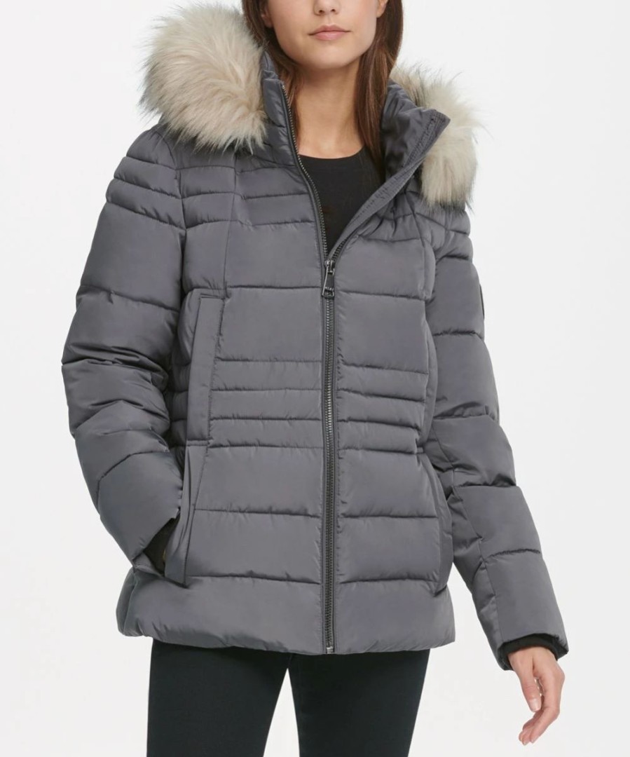 Clothing | * Cheap Dkny Charcoal Furry-Trim Zip Hooded Puffer Jacket Women