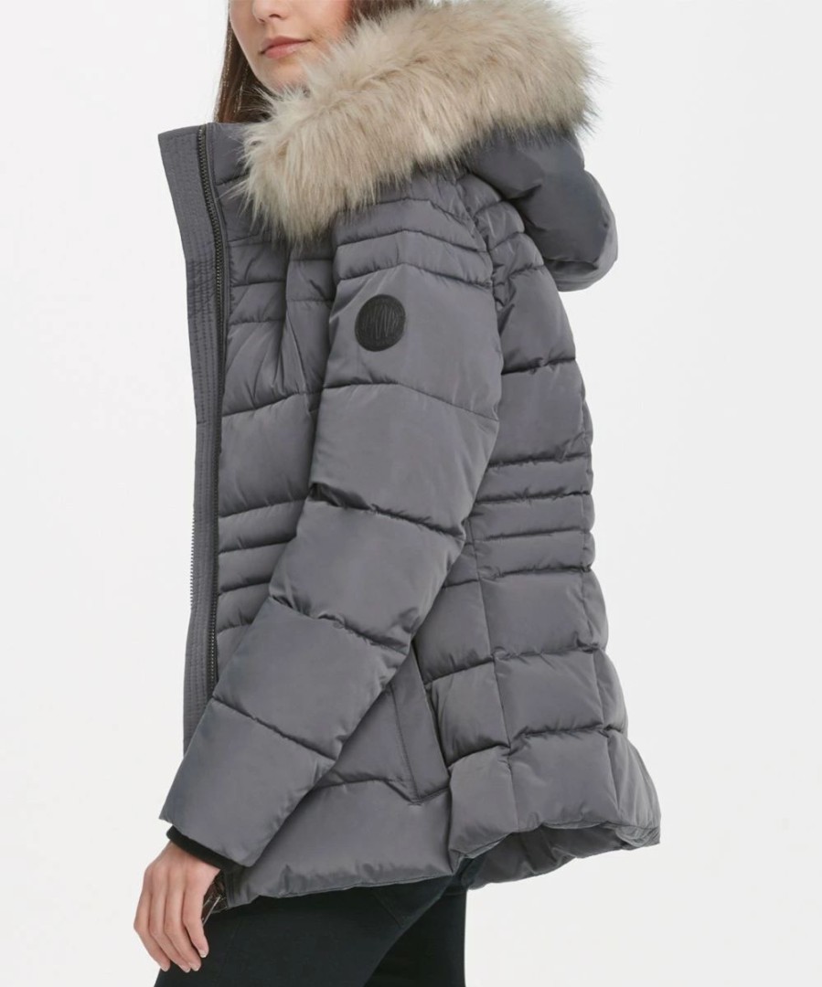 Clothing | * Cheap Dkny Charcoal Furry-Trim Zip Hooded Puffer Jacket Women