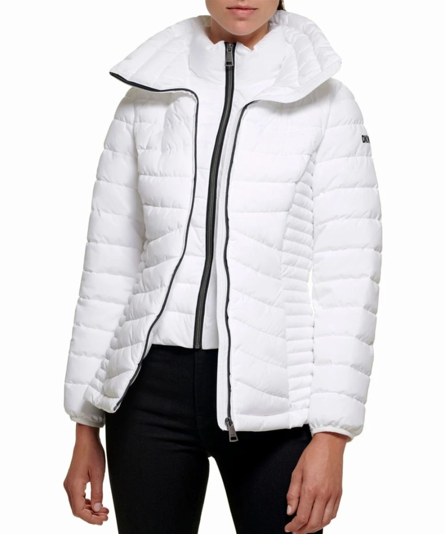 Clothing | * Coupon Dkny White Hooded Double-Zip Packable Puffer Coat Women