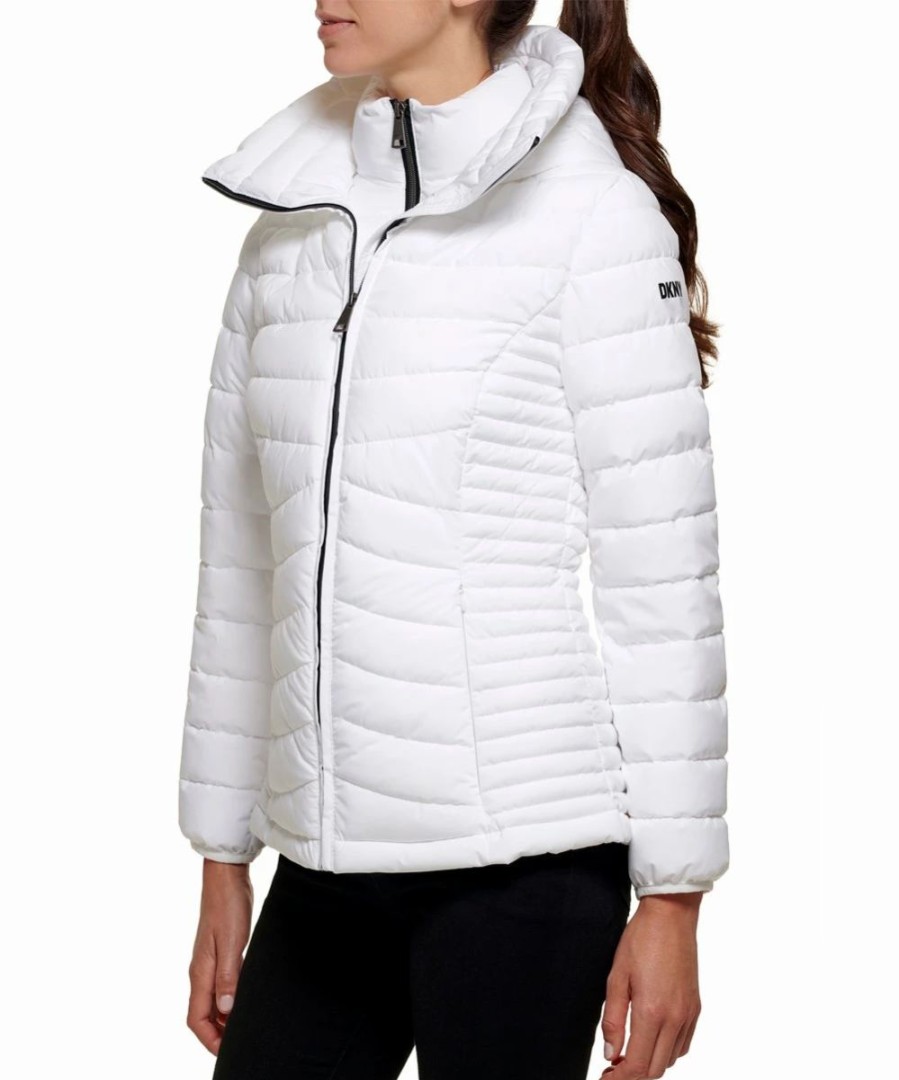 Clothing | * Coupon Dkny White Hooded Double-Zip Packable Puffer Coat Women