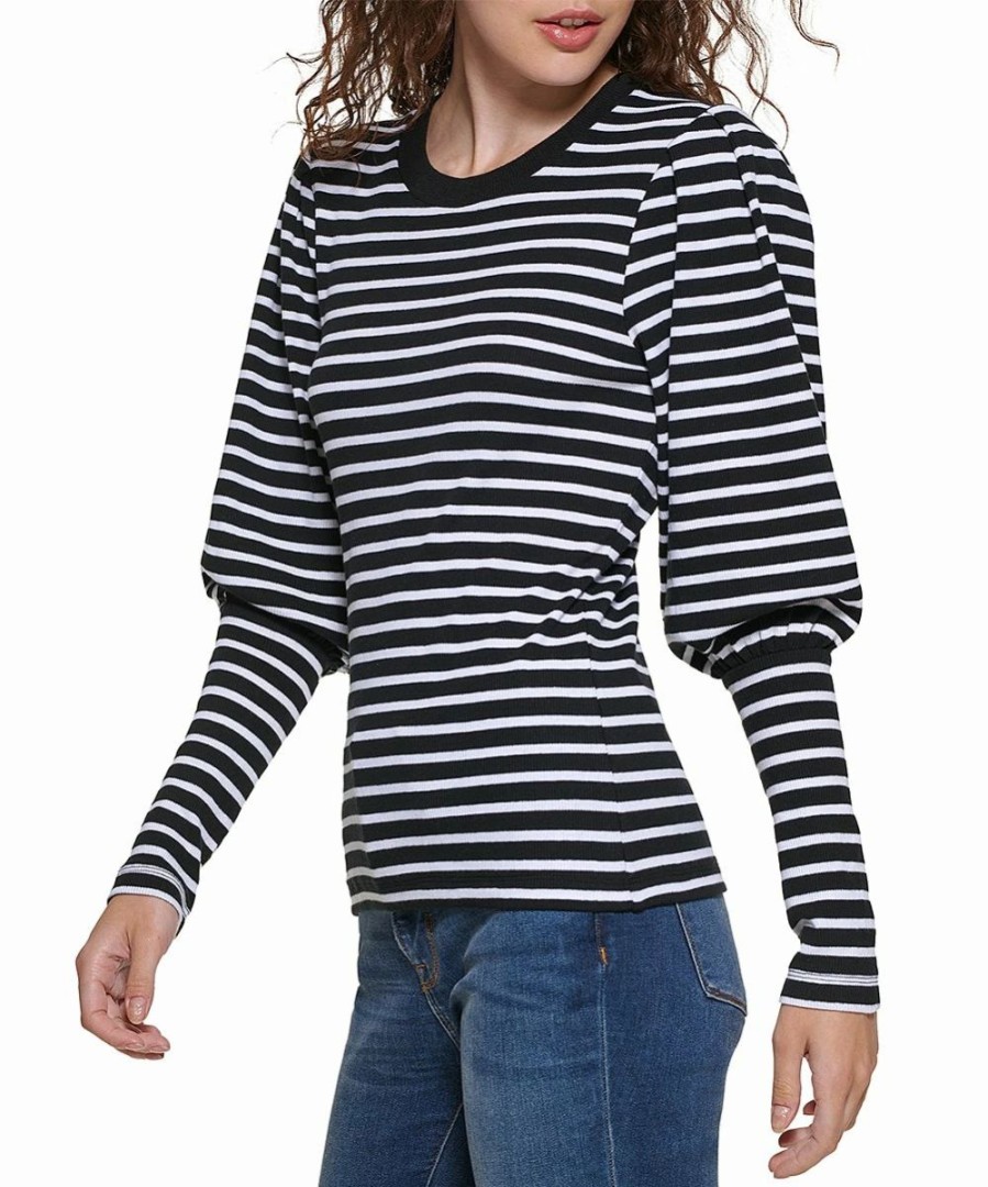 Clothing | * Coupon Dkny Black & White Stripe Puff Sleeve Crewneck Tee Women