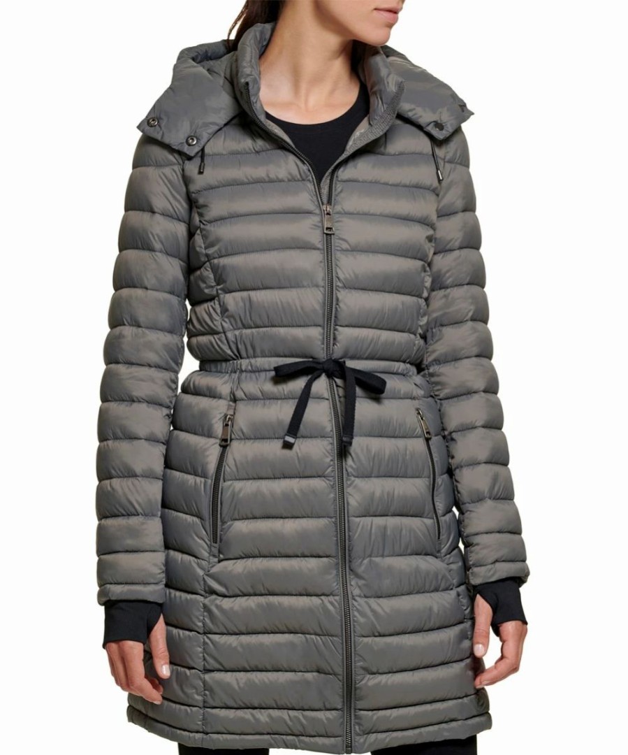 Clothing | * Promo Dkny Smoke Gray Cuff-Accent Belted Packable Puffer Coat Women