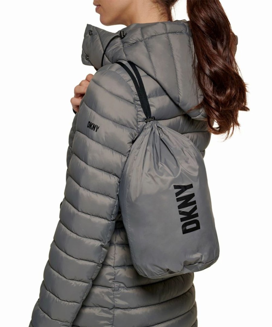 Clothing | * Promo Dkny Smoke Gray Cuff-Accent Belted Packable Puffer Coat Women