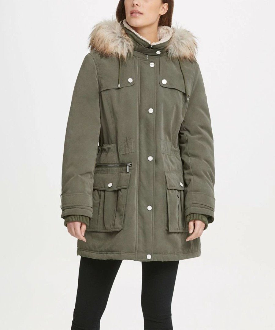 Clothing | * Best Pirce Dkny Olive Faux Fur-Trim Micro-Twill Hooded Parka Women & Juniors