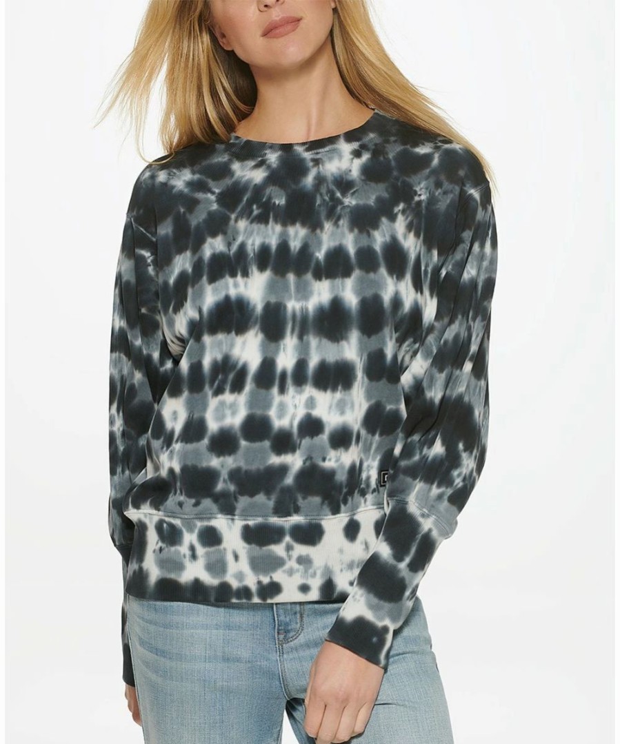 Clothing | * Best Sale Dkny Black & White Tie-Dye Balloon-Sleeve Crewneck Top Women