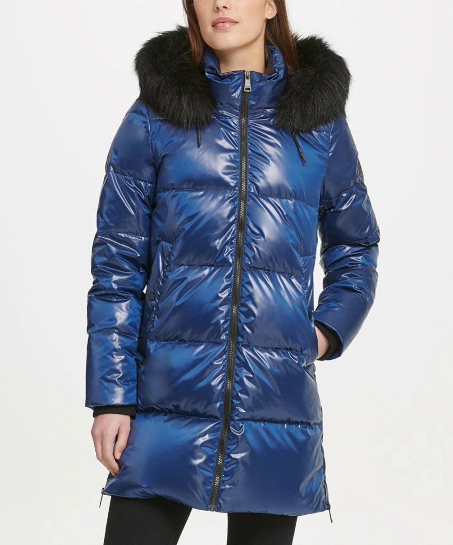 Clothing | * Cheapest Dkny Navy Cire Faux Fur-Trim Hooded Longline Puffer Coat Women