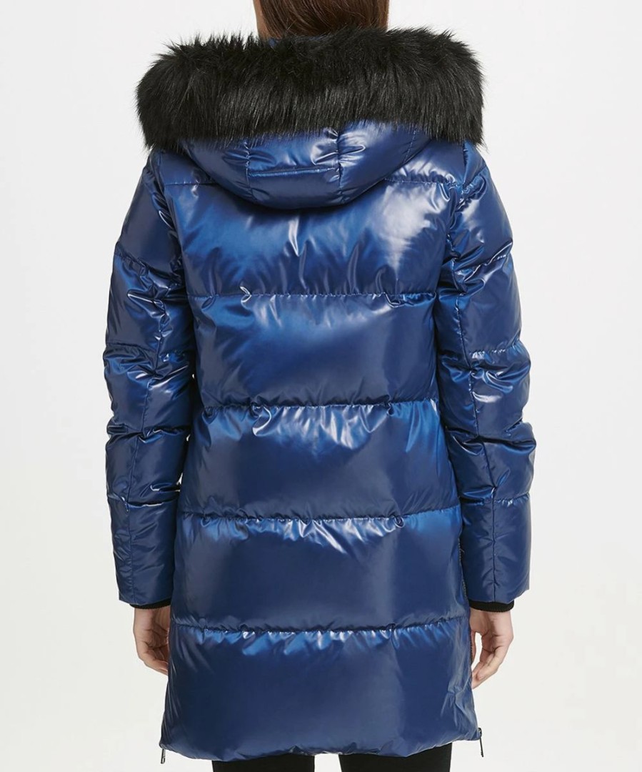 Clothing | * Cheapest Dkny Navy Cire Faux Fur-Trim Hooded Longline Puffer Coat Women