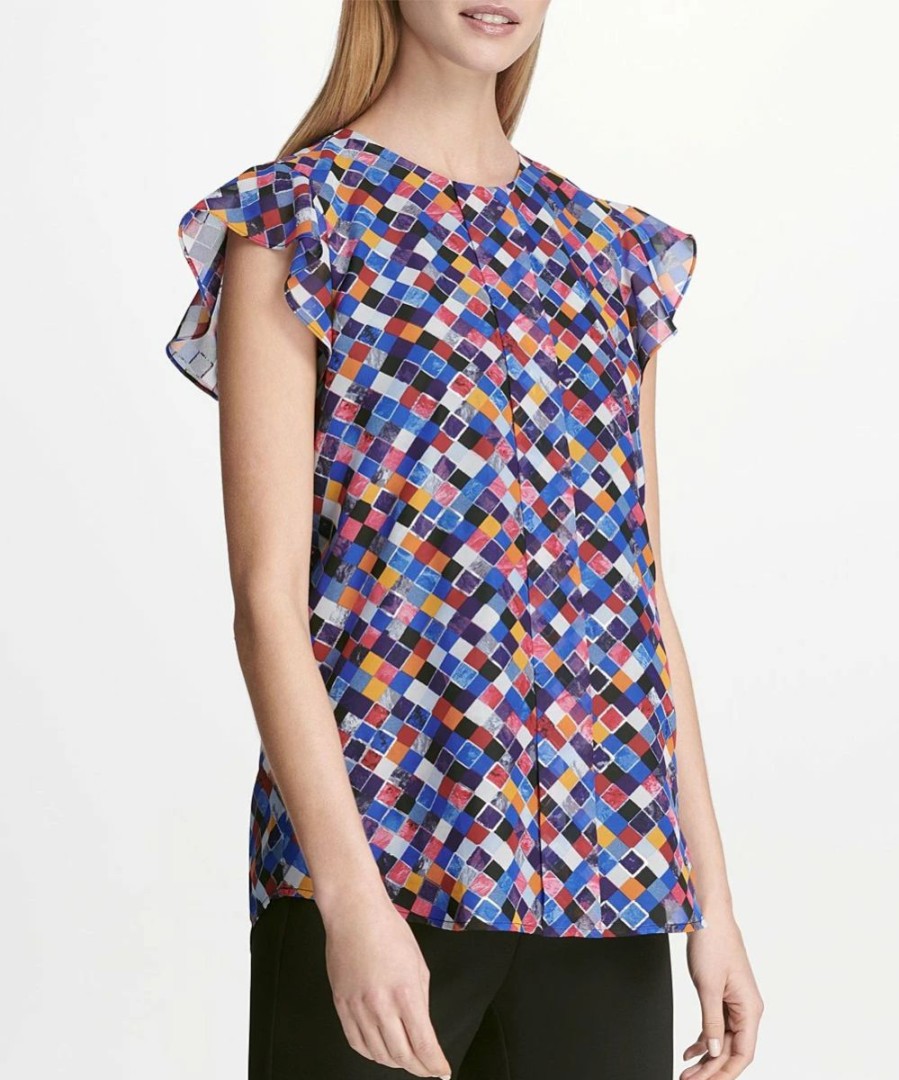 Clothing | * Cheapest Dkny Blue & Orange Geometric Flutter-Sleeve Top Women