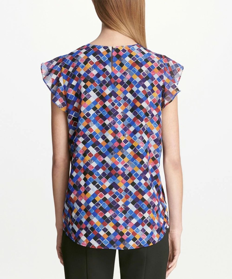 Clothing | * Cheapest Dkny Blue & Orange Geometric Flutter-Sleeve Top Women