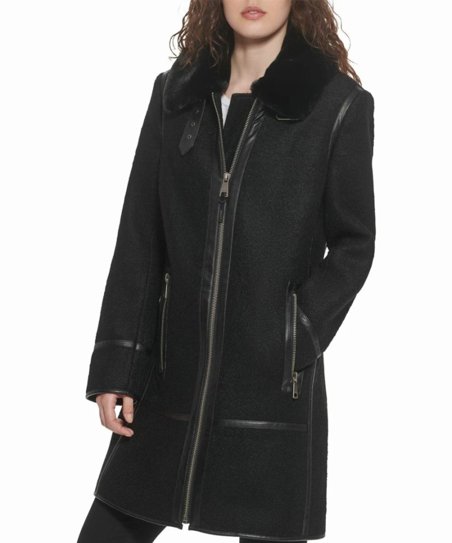 Clothing | * Deals Dkny Black Boucle Wool-Blend Buckle-Collar Coat Women & Juniors