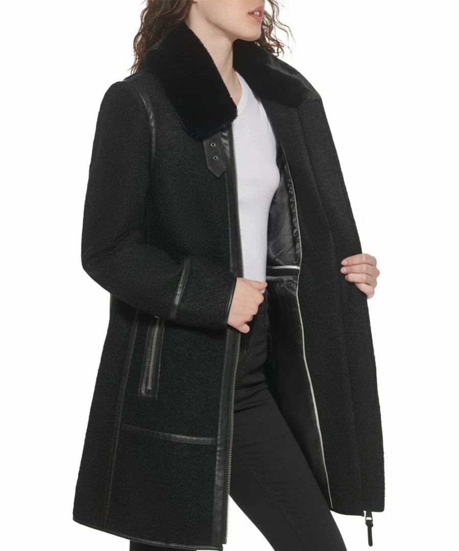 Clothing | * Deals Dkny Black Boucle Wool-Blend Buckle-Collar Coat Women & Juniors