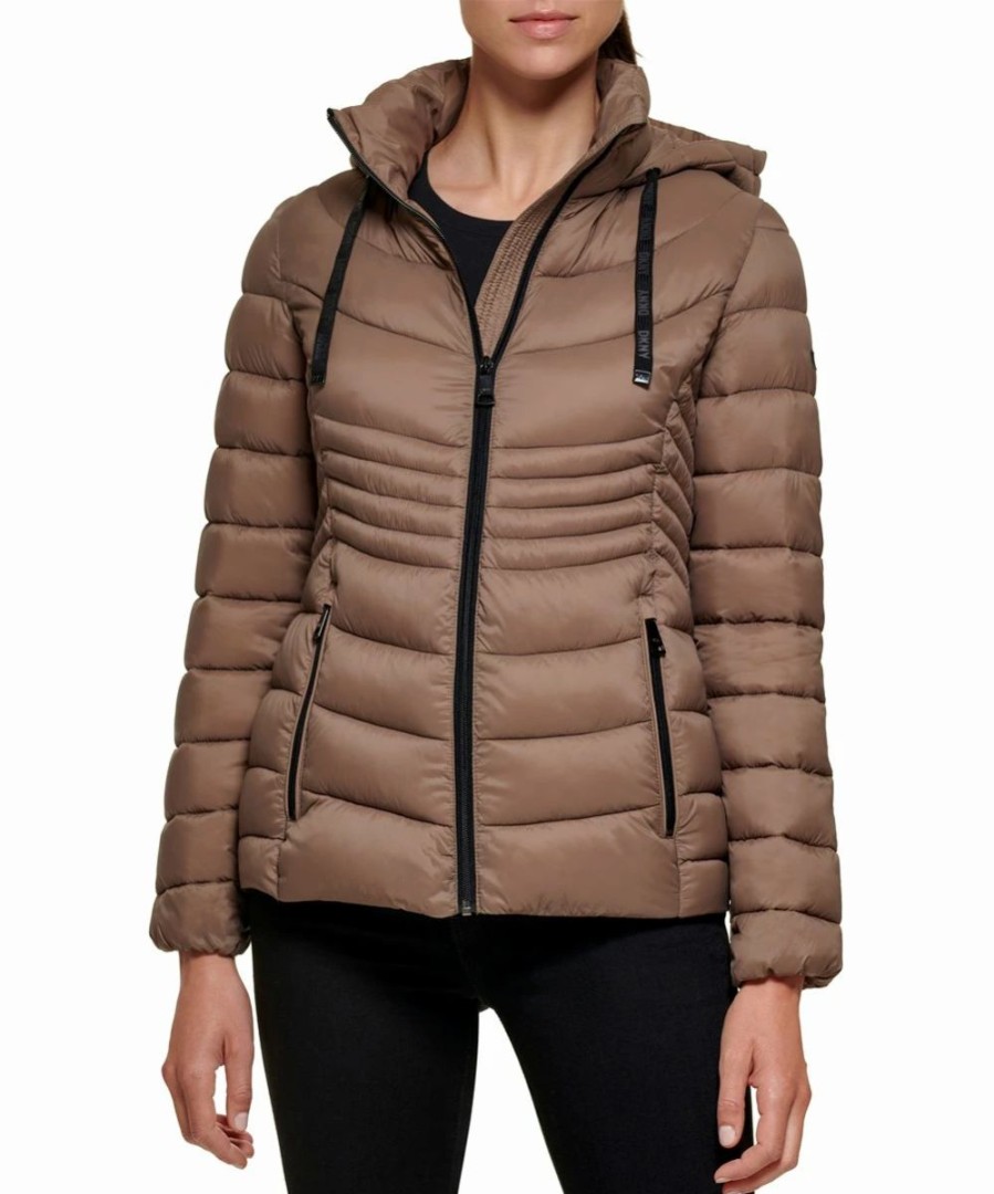 Clothing | * Best Sale Dkny Taupe Hooded Zip-Up Puffer Coat Women