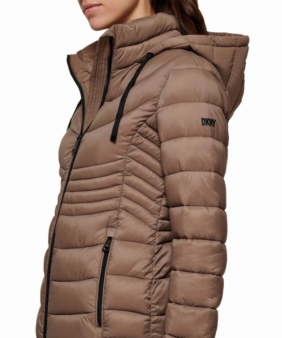 Clothing | * Best Sale Dkny Taupe Hooded Zip-Up Puffer Coat Women