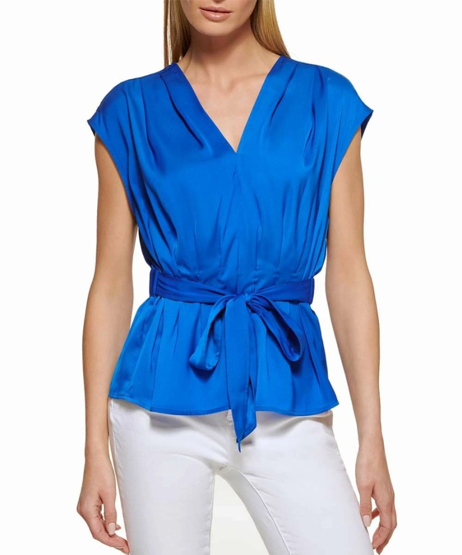 Clothing | * Wholesale Dkny Ocean Blue Tie-Waist Cap-Sleeve V-Neck Top Women