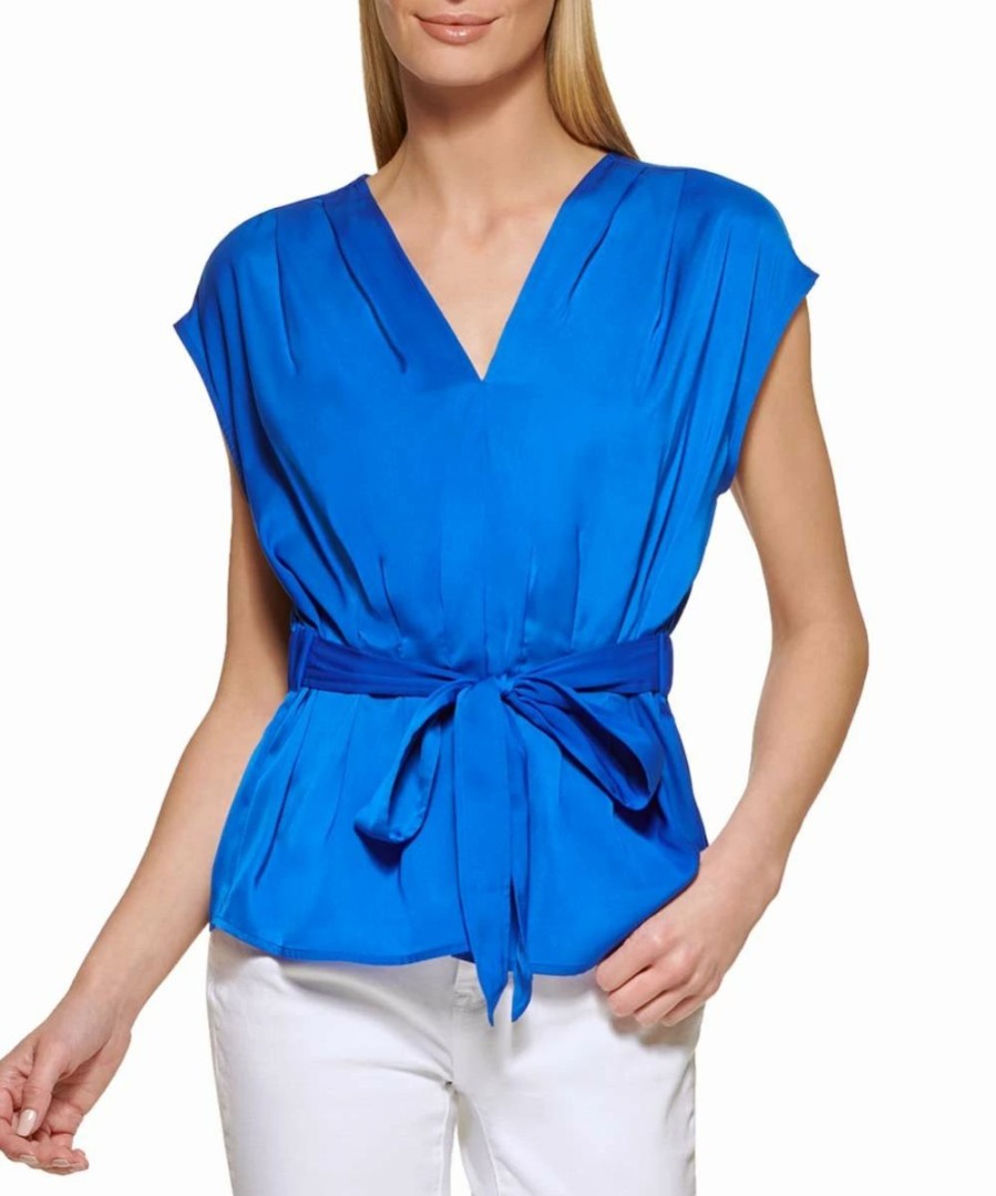 Clothing | * Wholesale Dkny Ocean Blue Tie-Waist Cap-Sleeve V-Neck Top Women