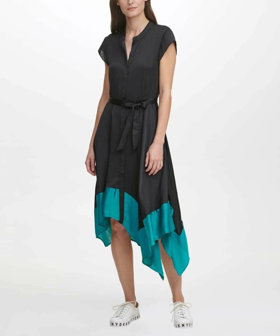 Clothing | * Hot Sale Dkny Black & Peacock Contrast-Hem Tie-Waist Handkerchief Dress Women