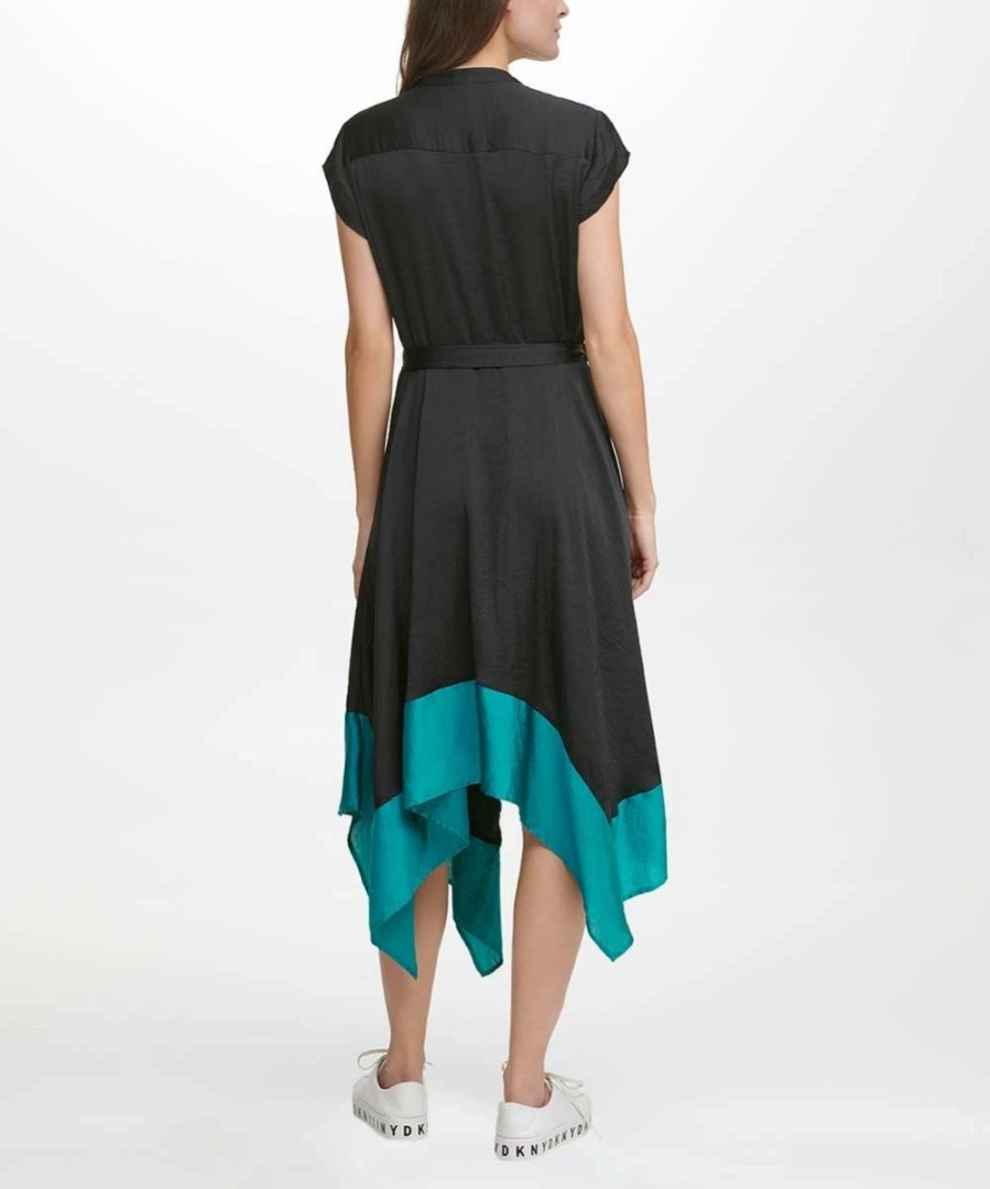 Clothing | * Hot Sale Dkny Black & Peacock Contrast-Hem Tie-Waist Handkerchief Dress Women