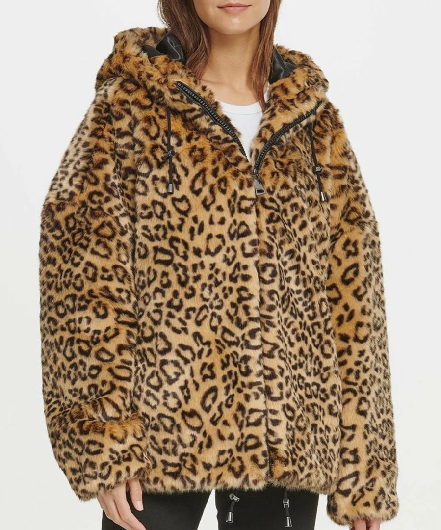 Clothing | * Wholesale Dkny Brown Leopard Faux Fur Hooded Bomber Jacket Women