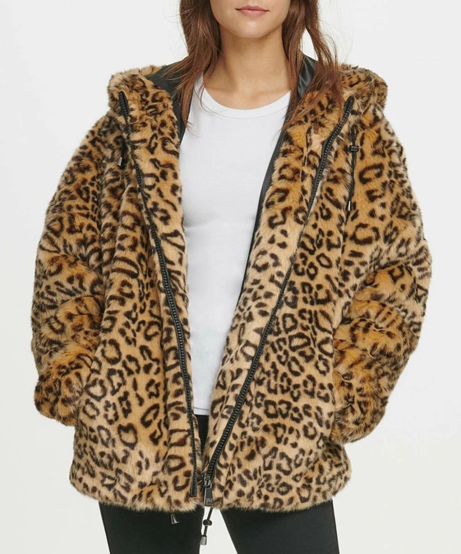 Clothing | * Wholesale Dkny Brown Leopard Faux Fur Hooded Bomber Jacket Women