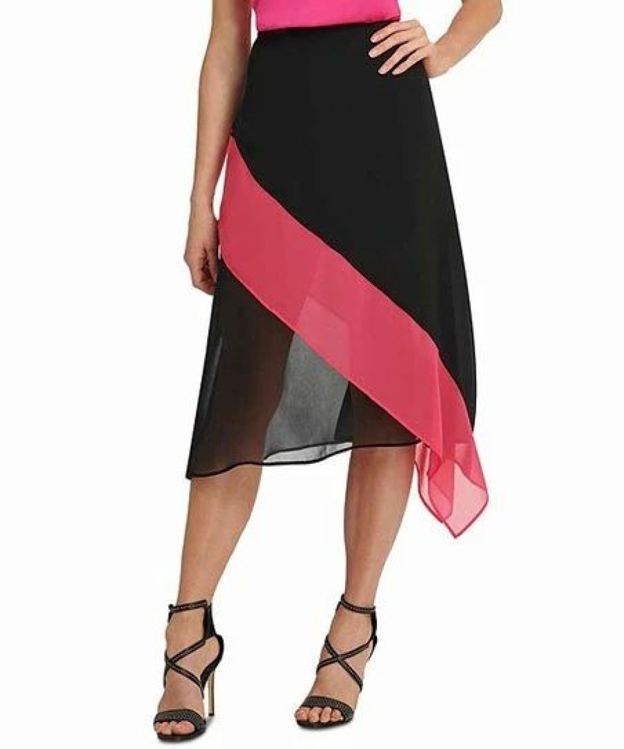 Clothing | * Budget Dkny Black & Fuchsia Color-Block Asymmetric Midi Skirt Women