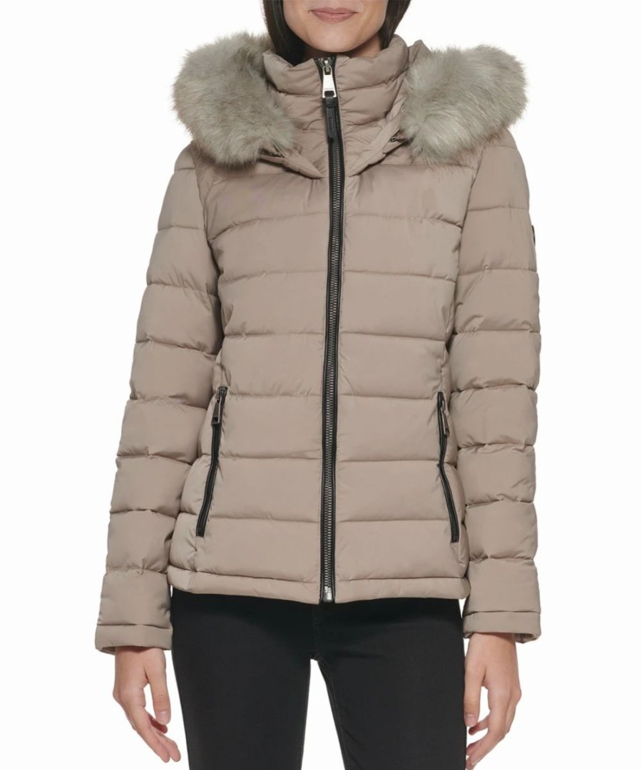 Clothing | * Best Sale Dkny Thistle Beige Faux Fur-Trim Fitted Puffer Jacket Women