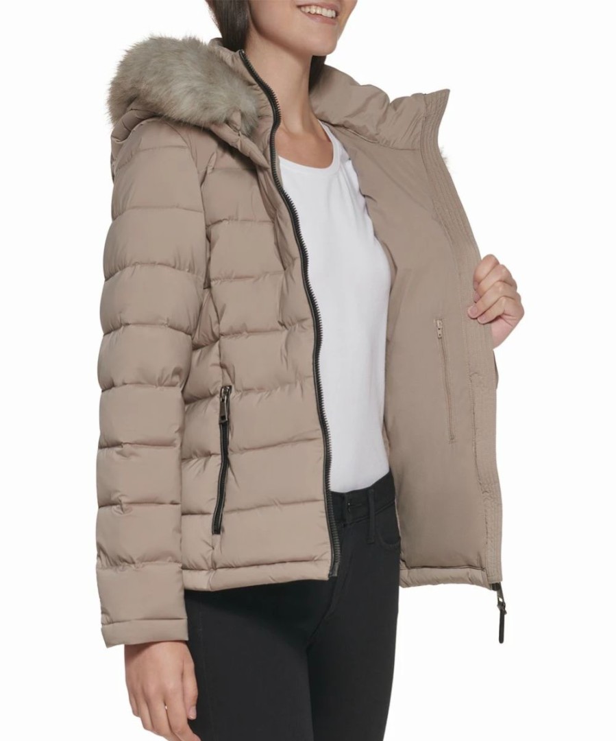 Clothing | * Best Sale Dkny Thistle Beige Faux Fur-Trim Fitted Puffer Jacket Women