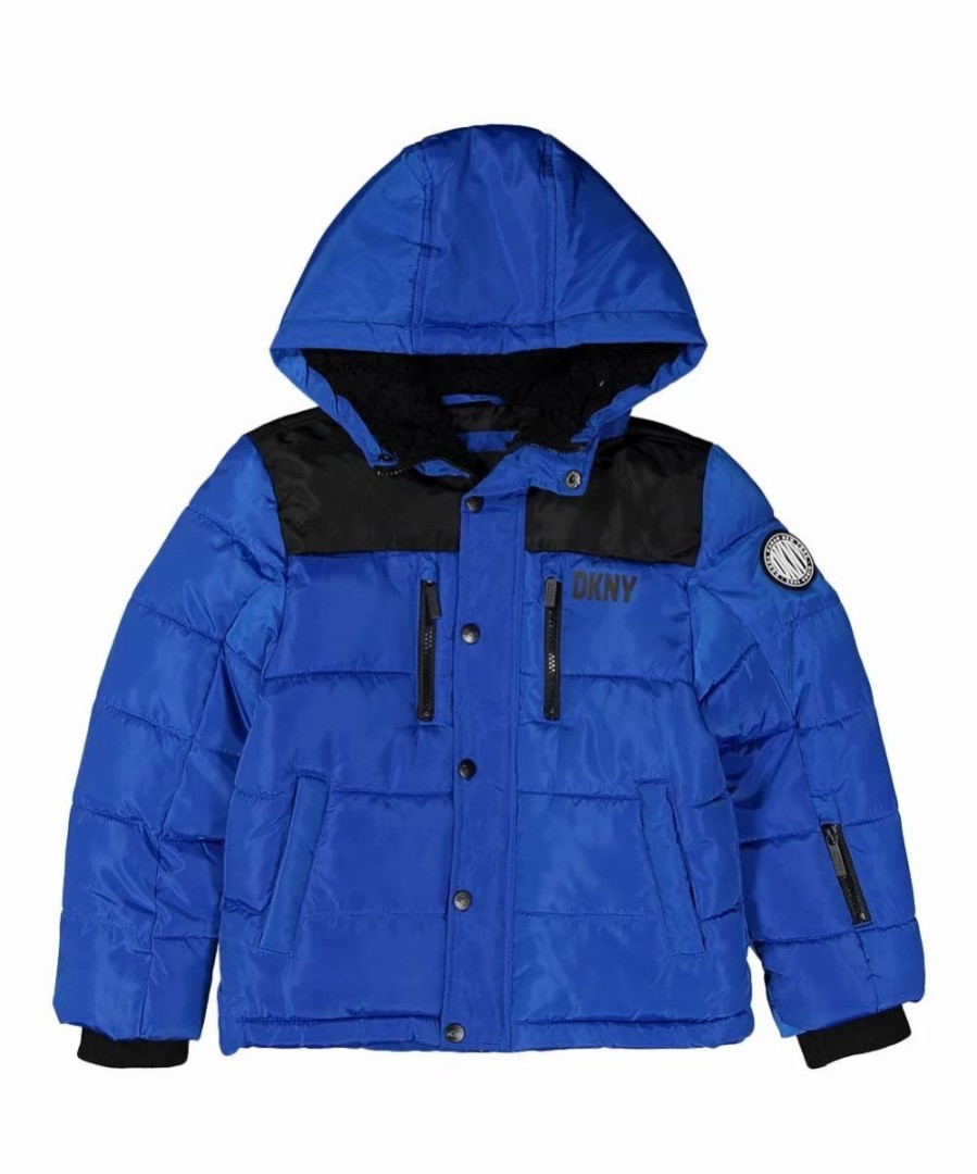 Clothing | * Discount Dkny Blue Royale & Black Color Block Classic Puffer Jacket Boys For Kids