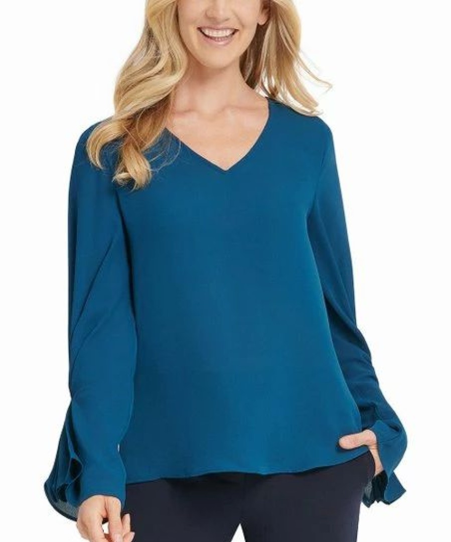 Clothing | * Wholesale Dkny Teal V-Neck Long-Sleeve Top Women