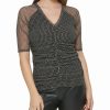 Clothing | * Deals Dkny Black & Ivory Polka Dot Mesh-Sleeve Ruched V-Neck Top Women