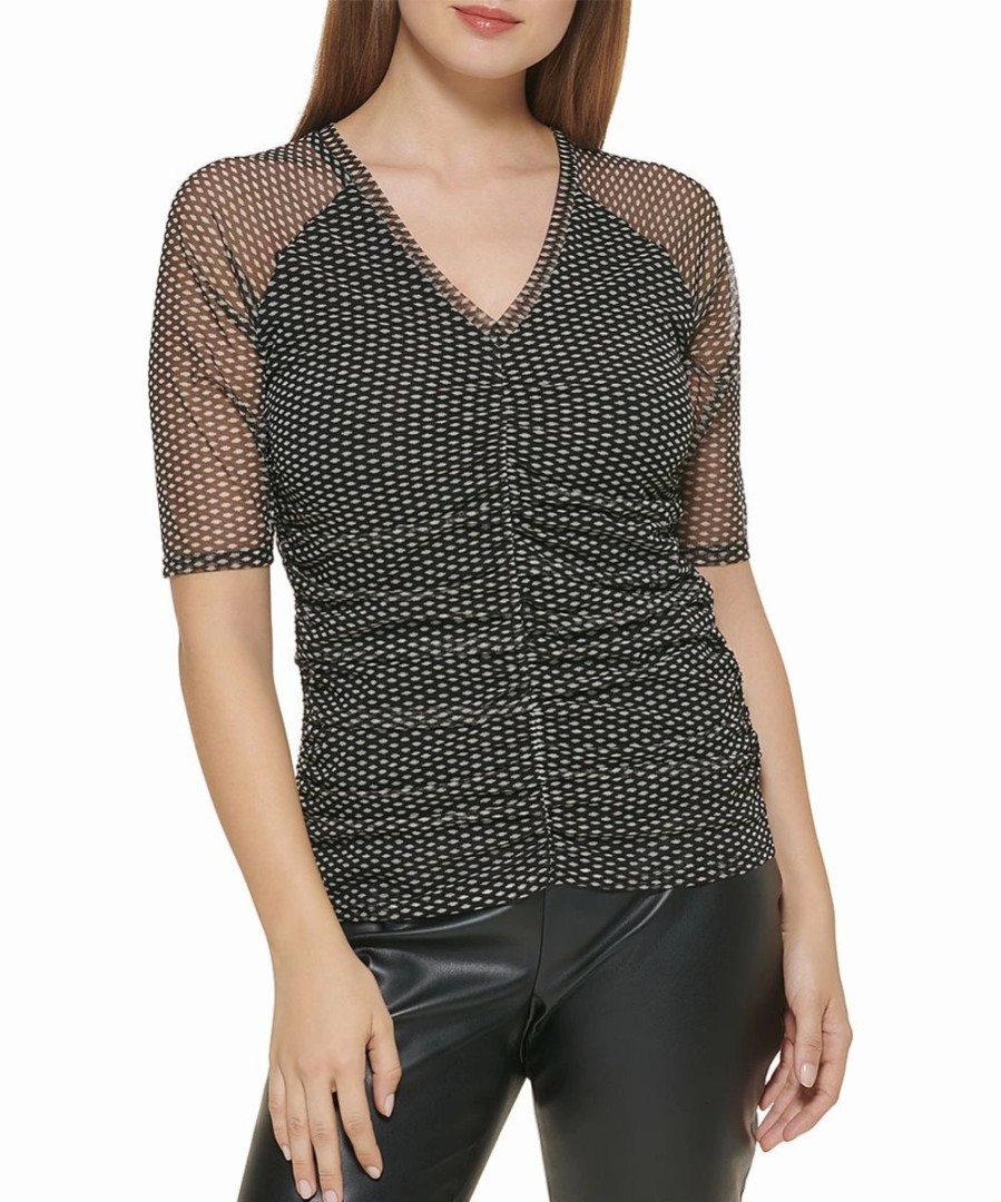 Clothing | * Deals Dkny Black & Ivory Polka Dot Mesh-Sleeve Ruched V-Neck Top Women